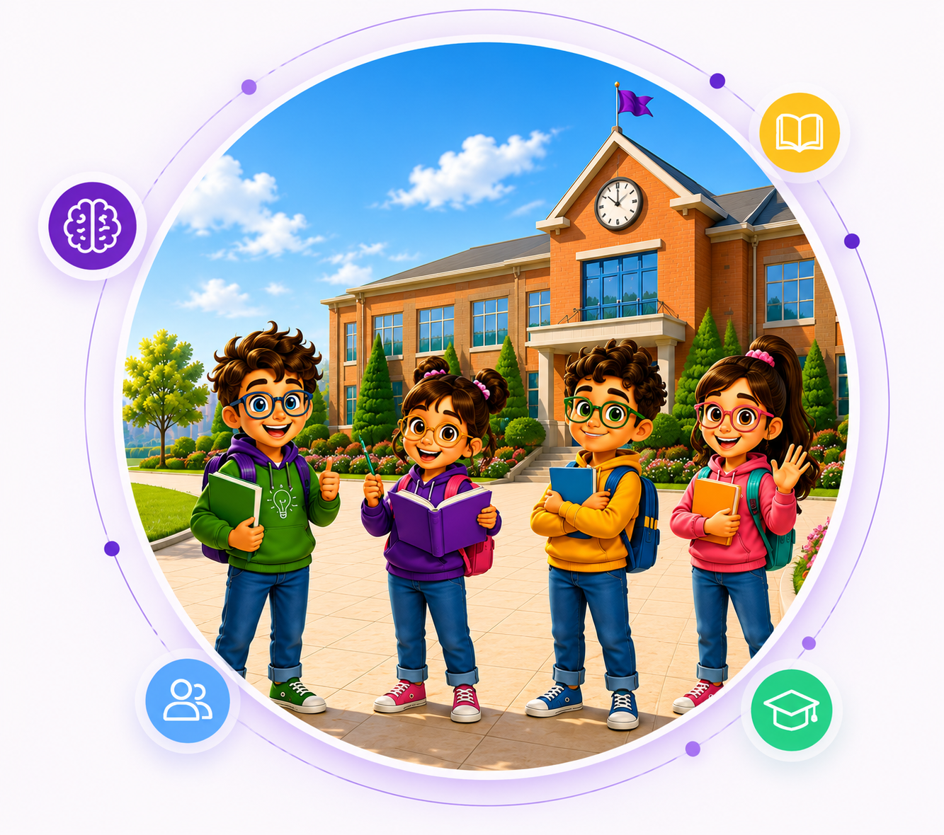 Happy students in front of their school